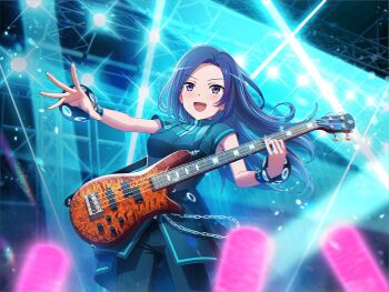 1girl bang_dream! bass_guitar black_dress black_hair black_shorts blush chain cosplay dress floating_hair game_cg glowstick holding holding_bass_guitar holding_instrument instrument long_hair looking_at_viewer open_mouth parted_bangs penlight_(glowstick) purple_eyes purple_hair shorts shoujo_kageki_revue_starlight shoujo_kageki_revue_starlight_-re_live- solo stage_lights standing tomoe_tamao upper_body wakana_rei wakana_rei_(cosplay)