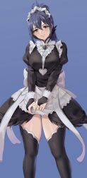 Rule 34 | 1girl, alternate costume, amayo thranana, black dress, black thighhighs, blue background, blue hair, breasts, brown eyes, closed mouth, dress, enmaided, feet out of frame, fire emblem, fire emblem fates, hair between eyes, headdress, highres, large breasts, long hair, maid, nintendo, oboro (fire emblem), simple background, smile, solo, standing, thighhighs, thighs