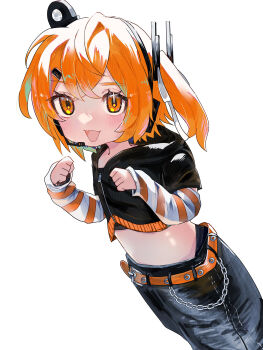 1girl a.i._voice absurdres adachi_rei alternate_costume belt black_jacket chain commentary_request cowboy_shot cropped_jacket grey_pants hands_up headset highres jacket looking_at_viewer medium_hair midriff nekotani_nekoko one_side_up open_mouth orange_belt orange_eyes orange_hair pants short-sleeved_jacket short_sleeves smile solo standing striped_arm_warmers utau white_background