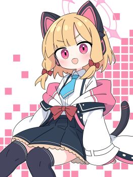 Rule 34 | 1girl, animal ear headphones, animal ears, black skirt, black tail, black thighhighs, blonde hair, blue archive, blunt bangs, blush, bow, buttons, cat ear headphones, cat ears, cat tail, collared shirt, commentary, fake animal ears, fake tail, feet out of frame, frilled skirt, frills, hair bow, halo, headphones, highres, hood, hood down, hooded jacket, invisible chair, jacket, knees together feet apart, long sleeves, looking at viewer, low-tied sidelocks, medium hair, momoi (blue archive), multicolored jacket, off shoulder, open mouth, outline, parted bangs, pink background, pink eyes, pink halo, pink jacket, pleated skirt, rain sa1ka, red bow, shirt, sidelocks, simple background, sitting, skirt, sleeves past wrists, smile, solo, suspender skirt, suspenders, tail, tail raised, teeth, thighhighs, two-tone background, unbuttoned, upper teeth only, v-shaped eyebrows, white background, white jacket, white outline, white shirt, wide sleeves