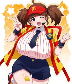 1girl absurdres ahoge bandaid bandaid_on_leg blue_shorts breasts brown_eyes brown_hair employee_uniform eyebrows_hidden_by_hair fast_food_uniform headset highres hitokiwa_kenchin huge_breasts imadake_dabuchi_tabemi looking_at_viewer mcdonald's medium_hair microphone one_eye_closed open_happi open_mouth short_twintails shorts smile solo standing standing_on_one_leg twintails v visor_cap yellow_happi