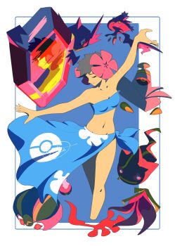 1girl absurdres arm_up banette black_hair blue_background cccacademia closed_eyes cofagrigus dancing drifloon dusknoir eyelashes flower gen_3_pokemon gen_4_pokemon gen_5_pokemon hair_flower hair_ornament highres mega_pokemon mega_sableye midriff mismagius navel nintendo phoebe_(pokemon) pokemon pokemon_(creature) pokemon_oras sableye short_hair tan