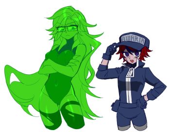 2girls :d adjusting_clothes adjusting_headwear alternate_costume alternate_universe aotsuki_eito arm_up awaria black_streaks blue_gloves blue_hat blue_jacket blue_pants bodysuit chinese_commentary claws colored_skin commentary commentary_request cropped_legs crossed_arms english_commentary frown genderswap genderswap_(mtf) ghost_girl glasses gloves grease_(mechanical) green_skin hand_on_own_hip hat highres jacket long_hair looking_at_another looking_at_viewer mixed-language_commentary multicolored_hair multiple_girls open_mouth pants pantyhose red_hair ringed_eyes short_hair simple_background smile streaked_hair sumino_takumi the_hundred_line_-last_defense_academy- torn_clothes torn_pantyhose very_long_hair white_background xinjinjumin2280867