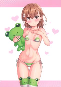 Rule 34 | 1girl, 2024, 20s, absurdres, bikini, blush, breasts, brown eyes, brown hair, cleft of venus, flower, gekota, gluteal fold, hair flower, hair ornament, halterneck, hand on own chest, heart, highres, isshi pyuma, looking at viewer, matching hair/eyes, misaka mikoto, navel, official alternate costume, parted lips, ribs, scan, short hair, simple background, small breasts, solo, standing, stomach, string bikini, striped bikini, striped clothes, stuffed animal, stuffed toy, swimsuit, teeth, thighhighs, thighs, toaru kagaku no railgun, toaru majutsu no index