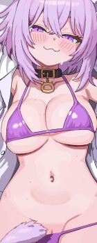 1girl :3 animal_ears belt belt_collar bikini bikini_bottom_lift black_belt black_choker black_collar blush breasts cat_choker cat_ears cat_girl cat_tail choker cl_oor closed_mouth collar collarbone commentary hair_between_eyes highres hololive large_breasts looking_at_viewer medium_hair navel nekomata_okayu nekomata_okayu_(membership) open_clothes open_shirt pink_bikini pink_eyes pink_hair pixel_art purple_tail pussy pussy_peek shirt smile solo stomach sweat swimsuit tail thighs virtual_youtuber white_shirt