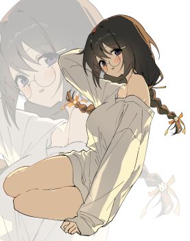 arm_up artist_request bakemonogatari black_hair blush braid glasses hair_ornament hairclip hand_on_own_head hanekawa_tsubasa hashtag-only_commentary highres lying monogatari_(series) nekomonogatari no_pants off_shoulder on_side open_mouth purple_eyes sweater thighs white_sweater