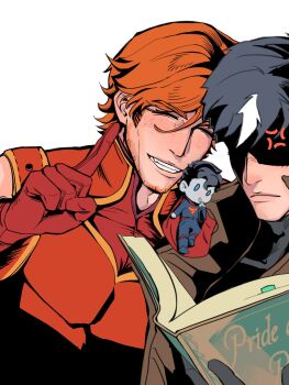 anger_vein arsenal_(dc) batman_(series) bizarro_ii black_bodysuit black_gloves black_hair bodysuit brown_jacket dc_comics e2_yhxloki gloves grey_bodysuit hashtag-only_commentary highres jacket jason_todd male_focus multicolored_bodysuit muscular muscular_male open_clothes red_hood_(dc) red_hood_and_the_outlaws roy_harper short_hair superhero_costume taut_bodysuit two-tone_bodysuit