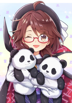 1girl :d ahoge animal black_cape black_hat blush brown_eyes brown_hair cape collared_shirt commentary_request glasses gloves hat highres holding holding_animal keyaki_chimaki long_sleeves looking_at_viewer open_mouth panda parted_bangs plaid_clothes plaid_vest purple_vest red-framed_eyewear red_cape semi-rimless_eyewear shirt short_hair smile solo touhou two-sided_cape two-sided_fabric under-rim_eyewear upper_body usami_sumireko vest white_gloves white_shirt