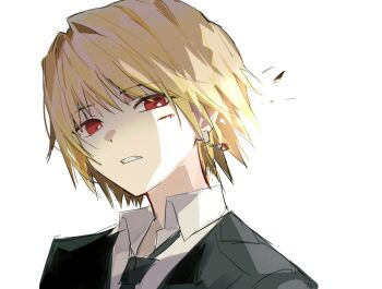 1boy black_jacket black_necktie blonde_hair collared_shirt hashtag-only_commentary hunter_x_hunter jacket kurapika looking_at_viewer male_focus necktie red_eyes sevenlistening shirt short_hair simple_background solo suit_jacket teeth white_background white_shirt