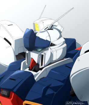 Rule 34 | aqua eyes, char's counterattack, close-up, commentary request, gundam, highres, mecha, mecha focus, miyabi mt-b, mobile suit, no humans, re-gz, robot, science fiction, solo, twitter username, upper body, v-fin