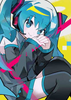 1girl absurdres bare_shoulders black_sleeves black_thighhighs blue_eyes blue_hair bright_pupils closed_mouth collared_shirt commentary detached_sleeves english_commentary feet_out_of_frame grey_shirt hair_between_eyes hands_up hatsune_miku highres long_hair long_sleeves looking_at_viewer miniskirt morizo_(morizoshop) pleated_skirt shirt sitting skirt sleeveless sleeveless_shirt smile solo thighhighs twintails vocaloid white_pupils yellow_background zettai_ryouiki