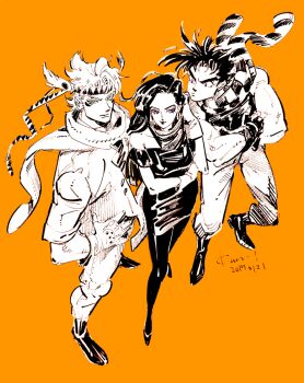 1girl 2boys battle_tendency black_dress blue_eyes caesar_anthonio_zeppeli commentary crossed_arms dated dress earrings eyelashes full_body gloves headband jewelry jojo_no_kimyou_na_bouken joseph_joestar joseph_joestar_(young) kotteri lisa_lisa long_hair looking_at_another looking_at_viewer looking_to_the_side multiple_boys orange_hair pants partially_colored scarf shirt shoes short_hair sideburns simple_background smile strapless strapless_shirt symbol-only_commentary tank_top vest