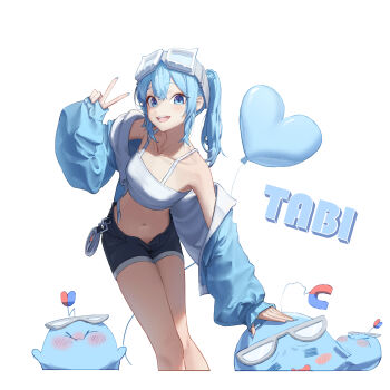 1girl absurdres arahashi_tabi balloon blue_eyes blue_hair blue_jacket blue_shorts blush breasts commentary_request compass crop_top cropped_legs goggles goggles_on_head heart_balloon highres hone_(hone_art) jacket jacket_partially_removed korean_commentary leaning_forward long_hair looking_at_viewer medium_breasts midriff open_fly open_mouth shirt short_shorts shorts simple_background sleeves_past_wrists smile solo stellive twintails v virtual_youtuber white_background white_shirt