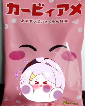 Rule 34 | > <, absurdres, ahoge, blue archive, blush stickers, chibi, closed eyes, commentary request, flying sweatdrops, grey hair, hair ornament, hairclip, highres, hina (blue archive), horns, kirby, kirby (series), kurukurumagical, long hair, nintendo, open mouth, parted bangs, photo background, single hair intake, solo, translation request