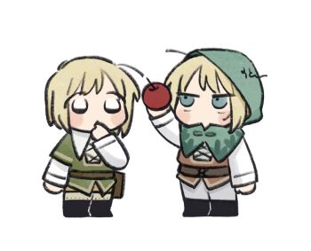 1boy 1girl ahoge apple arm_up axis_powers_hetalia belt black_boots black_eyes blonde_hair blue_eyes blush_stickers boots brother_and_sister brown_bag brown_belt chibi chibi_only collared_shirt commentary_request cross-laced_clothes empty_eyes food fruit full_body green_hood green_vest grey_pants hand_up holding holding_food holding_fruit liechtenstein_(hetalia) long_sleeves looking_at_food mi_aph_to no_mouth pants red_vest shirt short_hair siblings simple_background standing switzerland_(hetalia) vest white_background white_shirt yellow_pants