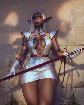 Rule 34 | 1girl, against wall, belt, breasts, center opening, circlet, commentary, dark-skinned female, dark elf, dark skin, dress, elf, english commentary, gloves, highres, holding, holding sheath, holding sword, holding weapon, krystopher decker, long pointy ears, pirotess, pointy ears, record of lodoss war, scabbard, shade, sheath, sheathed, short dress, solo, standing, sword, weapon, white gloves, white hair