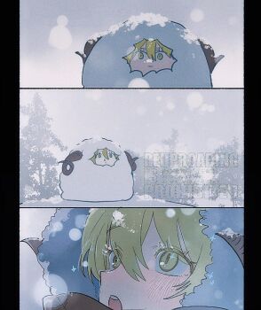 1girl awestruck blonde_hair blush commentary_request don_quixote_(project_moon) excited forest heishou_pack-wei_branch_(identity)_(project_moon) horns limbus_company multiple_views nature open_mouth project_moon sheep_horns short_hair snow sparkle tama_launcher winter yellow_eyes