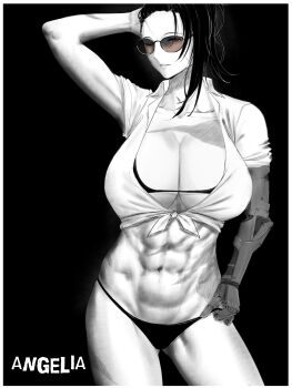 1girl abs absurdres angelia_(girls&#039;_frontline) bikini black_hair breasts closed_mouth collared_shirt girls&#039;_frontline hair_over_one_eye highres large_breasts long_hair looking_at_viewer mechanical_arms midriff monochrome muscular muscular_female navel one_eye_closed ponytail scar scar_on_face shirt single_mechanical_arm smolxeno solo swimsuit white_shirt