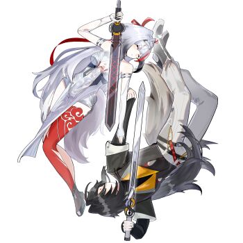 1boy 1girl absurdres armlet black_hair brother_and_sister china_dress chinese_clothes closed_eyes commentary_request dress droopy_ears fox_boy fox_girl fox_tail full_body hairband highres holding holding_sword holding_weapon jewelry leg_tattoo long_hair multicolored_hair pants parted_bangs platform_heels qingming_sword ribbon shoes siblings simple_background sleeveless streaked_hair sword tail tattoo upside-down user_yzjm3832 very_long_hair weapon white_background white_hair white_hairband ye_shiyuan ye_shunguang zenless_zone_zero