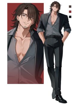 1boy absurdres bara beard_stubble black_pants black_suit brown_hair choco_(chocovix112) closed_mouth collarbone color_guide commentary facial_hair formal_clothes full_body gallagher_(honkai:_star_rail) grey_shirt hands_in_pockets highres honkai:_star_rail honkai_(series) long_hair looking_at_viewer male_focus multiple_views muscular muscular_male pants pectoral_cleavage pectorals red_eyes shirt stubble suit symbol-only_commentary white_background