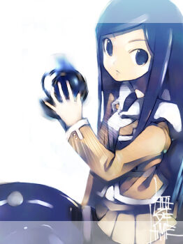 Rule 34 | 1girl, bad id, blue eyes, blue hair, brown jacket, brown skirt, closed mouth, commentary request, copyright name, dark blue hair, frown, fuuka academy school uniform, hood, hood down, hoodie, jacket, kei (keigarou), kuga natsuki, long hair, long sleeves, miniskirt, my-hime, pleated skirt, school uniform, skirt, solo, swept bangs, white hoodie