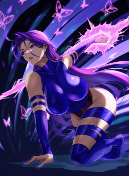 1girl bare_shoulders blue_leotard breasts bridal_gauntlets bug butterfly curvy elbow_gloves ema_(emaura) energy_sword gloves highleg highleg_leotard insect large_breasts leotard long_hair makeup marvel psychic psylocke purple_eyes purple_hair revealing_clothes sash shiny_skin solo sword thighhighs thong_leotard weapon wide_hips x-men