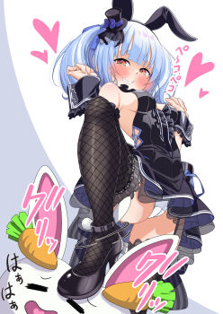 1girl absurdres animal_ears black_dress black_hat black_shoes blue_hair blush closed_mouth commentary_request dress fake_animal_ears fishnet_thighhighs fishnets hat heart high_heels highres hololive mini_hat one_side_up panties pekomon_(usada_pekora) rabbit_ears shoes smile solo stepped_on thighhighs underwear usada_pekora virtual_youtuber white_panties yellow_eyes yokojima_kemomi_mi_chuushin