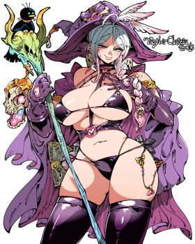 1girl between_breasts bird black_bird braid braided_ponytail breasts cape choker cleavage closed_mouth clothing_cutout cowboy_shot gloves gradient_hair green_eyes hand_on_own_chest hands_up hat heart heart_cutout holding holding_staff kafun large_breasts lips long_hair looking_at_viewer mole mole_on_breast multicolored_hair navel original partially_shaded_face pink_hair potion purple_cape purple_gloves purple_hat purple_thighhighs raised_eyebrows sidelocks simple_background skull smile solo staff strap_between_breasts thighhighs two-tone_hair white_background white_hair witch_hat