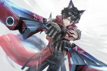 Rule 34 | 1boy, animal ears, arknights, arknights: endfield, arm tattoo, arms up, belt, belt buckle, black belt, black gloves, black hair, black pants, buckle, closed mouth, coat, collared coat, commentary request, double-parted bangs, dual wielding, gloves, gun, hair between eyes, handgun, highres, holding, holding gun, holding weapon, male focus, pants, popped collar, red coat, seigetsu kotaku, solo, tail, tattoo, weapon, wolf boy, wolf ears, wolf tail, wulfgard (arknights), yellow eyes