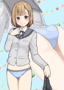 Rule 34 | 1girl, absurdres, ass, banana hair ornament, banana panties, banana print, blue background, blue panties, blunt ends, blush, breasts, brown eyes, brown hair, buttons, closed mouth, collared shirt, commentary request, commission, cowboy shot, crotch seam, dress shirt, embarrassed, food-themed hair ornament, food print, fruit background, fruit print, grey jacket, grey ribbon, grey sailor collar, grey skirt, hair ornament, hand up, highres, holding, holding unworn clothes, holding unworn skirt, jacket, large variant set, long sleeves, looking at viewer, medium hair, multiple views, neck ribbon, negimiso1989, no pants, original, panties, pixiv commission, pleated skirt, print panties, raised inner eyebrows, ribbon, sailor collar, school uniform, serafuku, shirt, skirt, small breasts, sparkle panties, sparkle print, standing, striped clothes, striped panties, underwear, unworn skirt, variant set, white shirt, zoom layer