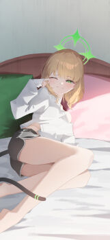 1girl absurdres alternate_costume alternate_hairstyle bare_legs barefoot black_shorts blonde_hair blue_archive blunt_bangs blush casual cat_tail closed_mouth commentary dolphin_shorts fake_tail feet_out_of_frame film_grain frown furrowed_brow green_halo hair_down half-closed_eye halo hand_up highres indoors ixia559 knees_together_feet_apart looking_at_viewer lying medium_hair midori_(blue_archive) no_headwear on_bed on_side one_eye_closed rubbing_eyes shirt shorts sidelighting sleepy sleeves_past_wrists solo tail tears thighs waking_up white_shirt
