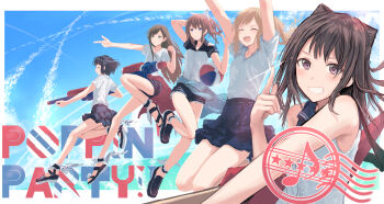 5girls :d ^_^ absurdres arms_up ball bang_dream! bang_dream!_girls_band_party! bare_shoulders beachball black_hair black_shoes black_shorts blonde_hair blue_cardigan blue_skirt blue_sky brown_hair cardigan cardigan_around_waist closed_eyes clothes_around_waist collarbone commentary_request cone_hair_bun day double_bun eighth_note grin group_name hair_bun hanazono_tae highres holding holding_water_gun ichigaya_arisa long_hair looking_at_viewer medium_hair miniskirt multiple_girls musical_note open_mouth outdoors pointing pointing_up ponytail poppin'party purple_eyes red_cardigan shirt shoes short_shorts short_sleeves shorts single_sidelock skirt sky sleeveless sleeveless_shirt smile star_(symbol) toyama_kasumi ushigome_rimi v-shaped_eyebrows water_gun white_shirt yamabuki_saya yukitake_(bullfalk)