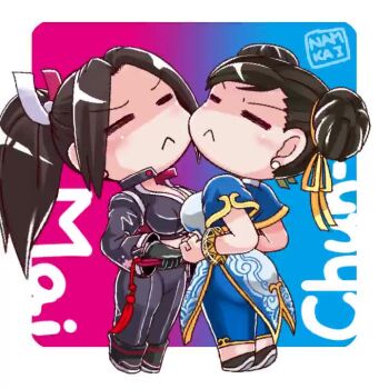 2girls akiman_pose anger_vein animated belt black_jacket black_pants blue_dress breast_press breasts brown_hair capcom character_name chibi china_dress chinese_clothes chun-li cleavage double_bun dress fatal_fury fatal_fury:_city_of_the_wolves female_focus hair_bun hand_fan high_ponytail holding holding_fan jacket large_breasts leather leather_jacket leather_pants midriff multiple_girls nami_haru navel pants ponytail shiranui_mai snk street_fighter street_fighter_6 tagme the_king_of_fighters video