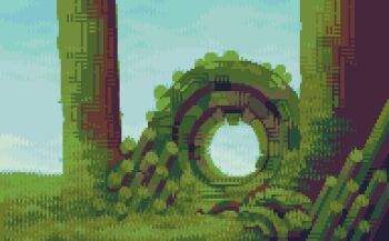 day forest highres nature no_humans original outdoors overgrown pixel_art portal_(object) ruins scenery ventiquepxl