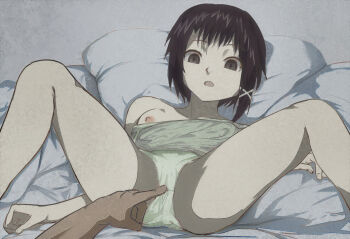 1girl 1other breasts brown_eyes brown_hair camisole covered_erect_nipples hair_ornament highres iwakura_lain jinsai_sa_sa lying nipples on_back open_mouth panties poking_pussy serial_experiments_lain small_breasts underwear x_hair_ornament