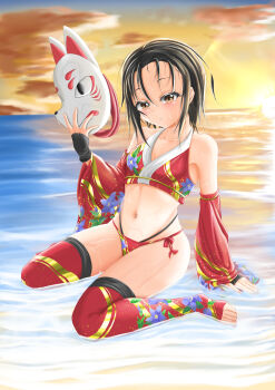 1girl alternate_costume arm_at_side bare_shoulders black_gloves black_hair black_panties blush breasts brown_eyes closed_mouth collarbone cropped_kimono detached_sleeves eyelashes feet_out_of_frame female_focus fingerless_gloves gloves hand_up highleg highleg_panties holding holding_mask japanese_clothes japanese_text kimono kosode kunoichi_tsubaki_no_mune_no_uchi kuroi_ninjin looking_at_viewer mask medium_hair midriff multicolored_kimono navel ocean orange_sky outdoors panties petite red_kimono red_panties red_sleeves red_thighhighs rindou_(kunoichi_tsubaki_no_mune_no_uchi) sitting sky sleeveless sleeveless_kimono small_breasts solo sunset thighhighs toeless_legwear underwear unworn_mask variant_set wariza water wet white_kimono wide_sleeves