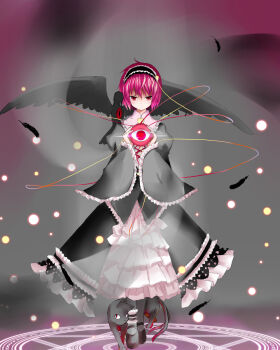 1girl alternate_costume ankle_garter female_focus full_body gothic_lolita gradient_background hairband highres kaenbyou_rin kaenbyou_rin_(cat) komeiji_satori lolita_fashion looking_at_viewer magic_circle pink_hair red_eyes reiuji_utsuho reiuji_utsuho_(bird) shichinose smirk solo third_eye touhou