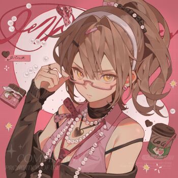 Rule 34 | 1girl, bao rong, bead necklace, beads, brown eyes, brown hair, closed mouth, commission, earrings, eyelashes, gem, glasses, hair between eyes, hair intakes, hair ornament, hairband, hairpin, highres, jewelry, long hair, long sleeves, looking at viewer, mihuashi commission, necklace, necktie, original, pearl (gemstone), pearl necklace, pink necktie, ponytail, semi-rimless eyewear, sidelocks, solo, square, watermark, white hairband