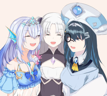 3girls :d ^_^ artia black-framed_eyewear blue_hair blue_sleeves breasts chinese_commentary cleavage closed_eyes colored_inner_hair commentary_request dalachi_(headdress) detached_sleeves doris_(hololive) fins frills gradient_hair hat hayashi_0311 head_fins highres hololive hololive_china monocle multicolored_hair multiple_girls open_mouth rosalyn_(hololive) short_sleeves smile teeth tiara tongue upper_teeth_only virtual_youtuber white_hair white_hat