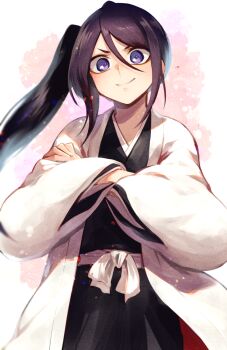 >:) 1girl black_hair black_kimono bleach bleach:_sennen_kessen-hen blue_eyes blush cowboy_shot crossed_arms flat_chest from_below haori japanese_clothes kimono kuchiki_rukia long_hair long_sleeves looking_at_viewer obi parted_bangs sash shinigami side_ponytail sidelocks simple_background smile smug soraao0322 standing v-shaped_eyebrows white_background wide-eyed wide_sleeves