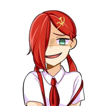 aqua_eyes artist_request communism-chan dress_shirt hammer_and_sickle narrowed_eyes necktie non-web_source one_eye_covered open_mouth original red_hair red_necktie shirt short_sleeves smug strap_pull tongue transparent_background white_shirt