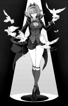 1girl absurdres alternate_costume bird breasts cape chinese_commentary commentary_request dated enioreh hair_intakes hat highres holding holding_unworn_clothes holding_unworn_hat honkai_(series) honkai_impact_3rd large_breasts looking_at_viewer magic_trick medium_hair monochrome parted_lips shirt shoes short_shorts shorts smile socks spotlight standing thighs too_many too_many_birds top_hat unworn_hat unworn_headwear vest vill-v white_bird