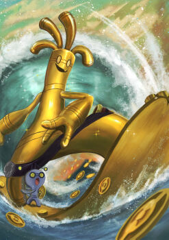 :o absurdres antennae belt black_belt cloud coin commentary_request evolutionary_line gholdengo gimmighoul gimmighoul_(roaming) gold_skin highres metal_skin nintendo open_mouth outdoors pokemon pokemon_(creature) pokemon_focus pokemon_sv sky smile surfboard surfing water waves yayori_1339 yellow_eyes