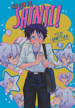 2boys absurdres artist_name bag belt black_pants blue_eyes blue_shirt blush brown_hair closed_eyes closed_mouth collarbone collared_shirt cover cover_page cowboy_shot english_text fake_cover ganbare!_nakamura-kun!! ganbare!_nakamura-kun!!_cover_parody grey_hair hair_between_eyes hands_up heart highres ikari_shinji layered_clothes long_sleeves looking_at_viewer male_focus manga_cover multiple_boys multiple_views nagisa_kaworu neon_genesis_evangelion nervous nose_blush open_mouth pants parody red_eyes sainttufa school_uniform shirt simple_background smile sparkle standing star_(symbol) sweat t-shirt teeth title_parody white_shirt yaoi