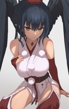 1girl absurdres arm_support bare_shoulders black_hair black_sash black_wings breasts bridal_gauntlets brown_eyes chinstrap clothing_cutout commentary_request double_bun feathered_wings folded_wings grin hair_bun hakama hakama_pants hand_on_own_chest hat highres hip_vent invisible_chair japanese_clothes kaekae_kaeru kimono large_breasts looking_at_viewer nijisanji obi obijime oversized_wings pants pelvic_curtain pom_pom_(clothes) red_bridal_gauntlets red_hakama red_hat red_pants sash short_kimono side_up_bun sitting sleeveless sleeveless_kimono smile solo tengu tokin_hat twintails twintails_with_hair_base virtual_youtuber white_kimono wings yamagami_karuta yamagami_karuta_(1st_costume)