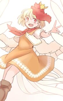 1girl :d animal animal_on_head baby_animal bird bird_on_head bird_tail blonde_hair blush boots brown_boots chick collared_dress commentary_request dress feathered_wings feet_out_of_frame hand_up knees multicolored_hair neckerchief niwatari_kutaka on_head one-hour_drawing_challenge open_mouth orange_dress puffy_short_sleeves puffy_sleeves rangycrow red_eyes red_hair red_neckerchief short_sleeves smile solo tail touhou two-tone_hair vest white_background white_vest wings yellow_wings