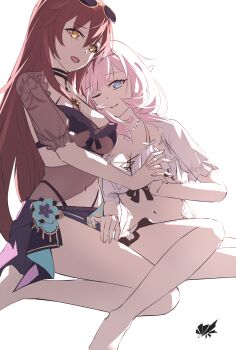 ;) absurdres bikini black_bikini blue_eyes bqhong breasts brown_hair chinese_commentary cleavage commentary_request couple eden_(flowing_rhyme)_(honkai_impact) eden_(honkai_impact) elf elysia_(honkai_impact) elysia_(miss_pink_elf)_(honkai_impact) elysia_(summer_miss_elf)_(honkai_impact) eyewear_on_head feet_out_of_frame highres honkai_(series) honkai_impact_3rd interlocked_fingers large_breasts long_hair looking_at_viewer midriff navel official_alternate_costume one_eye_closed pink_hair pointy_ears simple_background smile sunglasses swimsuit very_long_hair white_background white_bikini yellow_eyes yuri