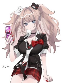 1girl bear_hair_ornament black_shirt blonde_hair blue_eyes bow breasts choker cleavage closed_mouth collarbone commentary_request danganronpa:_trigger_happy_havoc danganronpa_(series) enoshima_junko hair_ornament highres large_breasts long_hair looking_at_viewer nail_polish necktie pote_(pote_39) red_bow red_nails red_skirt shirt shirt_bow skirt smile solo twintails two-tone_necktie white_necktie