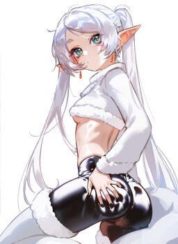 1girl absurdres ass black_shorts boots breasts commentary earrings foolish_potato frieren from_side fur-trimmed_boots fur-trimmed_sweater fur_trim green_eyes highres jewelry latex_shorts long_hair shorts simple_background small_breasts solo sousou_no_frieren sweater twintails underboob very_long_hair white_background white_boots white_sweater