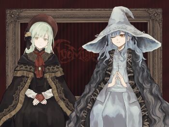 2girls ;) absurdres alternate_costume ascot bang_dream! bang_dream!_it&#039;s_mygo!!!!! black_cloak black_dress black_ribbon bloodborne blue_hair bonnet chinese_commentary cloak closed_mouth commentary_request company_connection copyright_logo copyright_name cosplay dress elden_ring expressionless fingerless_gloves flower fromsoftware gloves green_hair hair_flower hair_ornament hair_ribbon hands_on_lap hat highres hood hood_down hooded_cloak invisible_chair jewelry logo long_hair long_sleeves looking_ahead looking_at_viewer luo_ta_(user_ywpn7542) multiple_girls one_eye_closed open_cloak open_clothes own_hands_together pendant picture_frame plain_doll plain_doll_(cosplay) ranni_the_witch ranni_the_witch_(cosplay) red_ascot red_background red_bonnet red_gloves ribbon robe rose side-by-side sidelocks sitting smile steepled_fingers togawa_sakiko two_side_up wakaba_mutsumi white_hat white_robe wide_sleeves witch witch_hat yellow_eyes yellow_flower yellow_rose